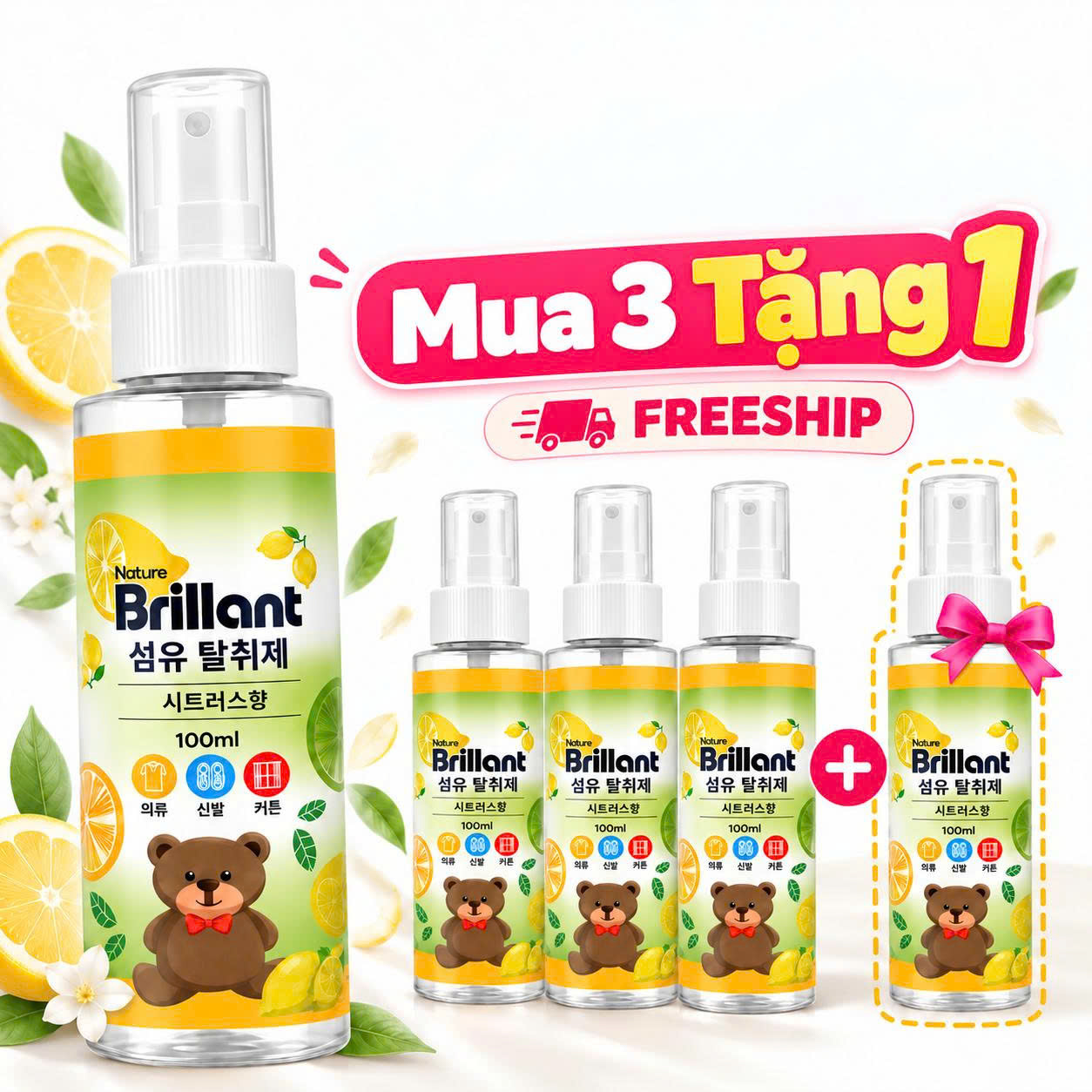 Xịt khử mùi vải Nature Brillant hương Citrus 100 ml, ưu đãi mua 3 tặng 1 và freeship