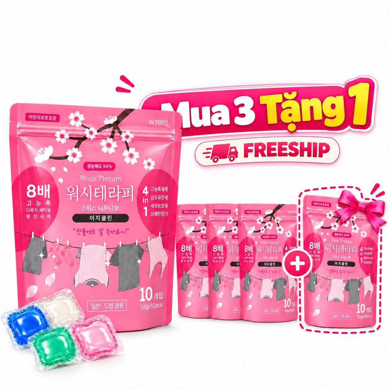 Túi 10 viên Wash Therapy với ưu đãi mua 3 tặng 1, freeship